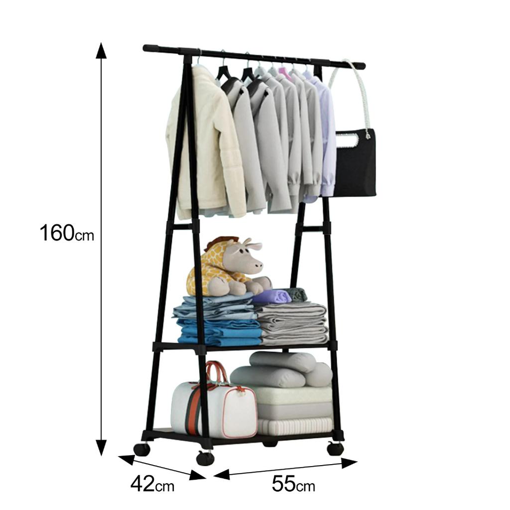 Clothes Rack 2-Tier Storage Shelves Stainless Steel Rolling Garment Rack Organizer with Wheels 2 Coat Hooks for Shoes Clothing