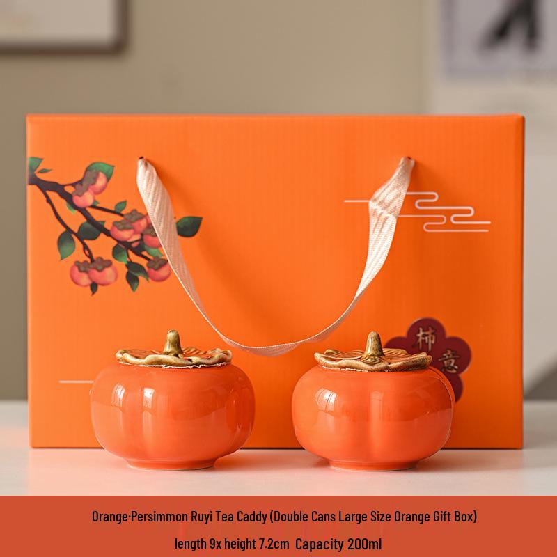 Charming Persimmon Ruyi Ceramic Tea Box & Mini Candy Jar Gift Set