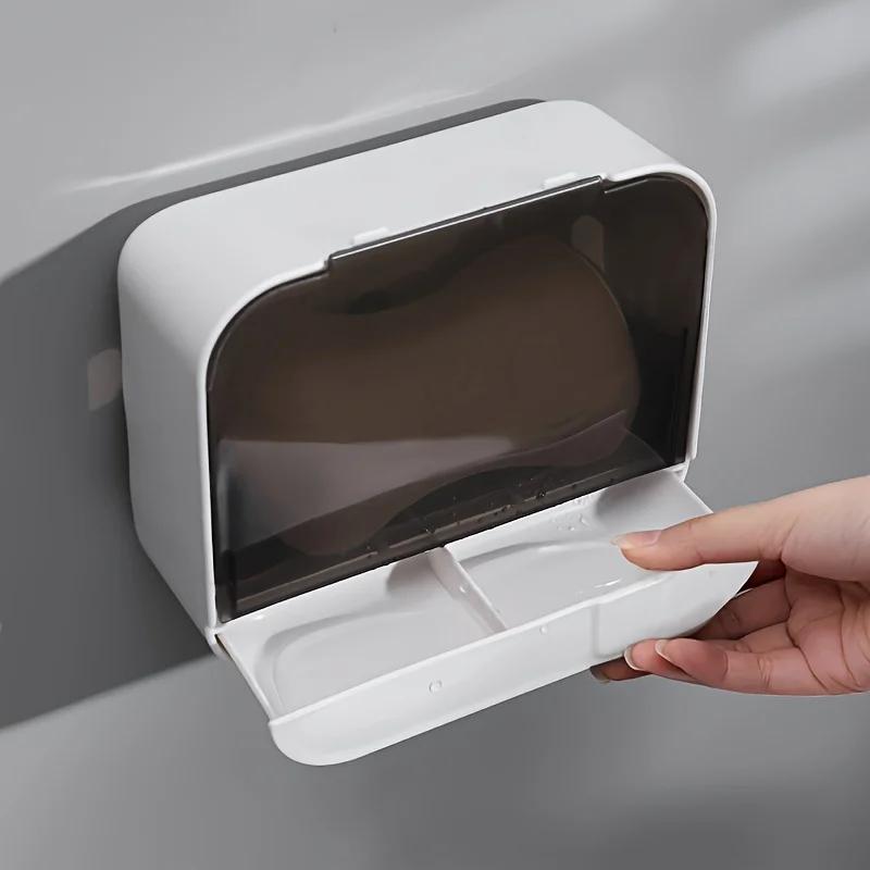 Bathroom Soap Holder Flip Lid Soap Storage Box Wall Mounted No Punch Soap Dish With Drain