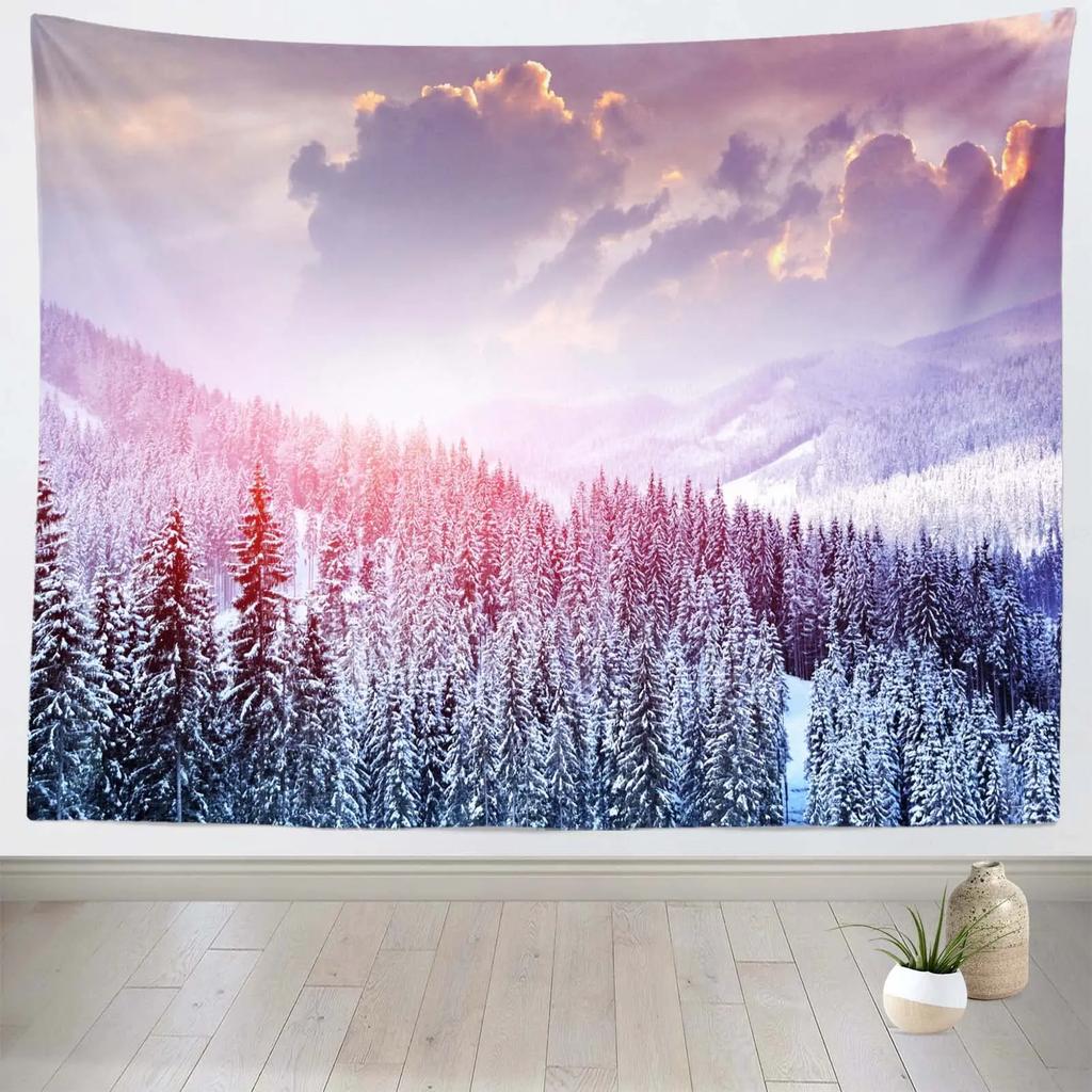 Christmas Tapestry Wall Hanging Nature Winter White Forest Snow Wall Tapestry Art for Party Living Room Bedroom Dorm Home Decor