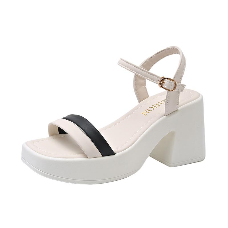 Summer new square head hollow one-character buckle style women's thick high-heeled sandals