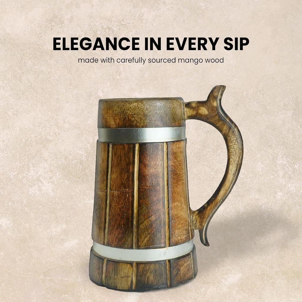 Wooden Beer Mug, Mango Wood with Sheesham Finish, Barrel Style, Lightweight & Durable, for Craft Beer, Home Bar, Café, Party, Gift (Pack of 2)