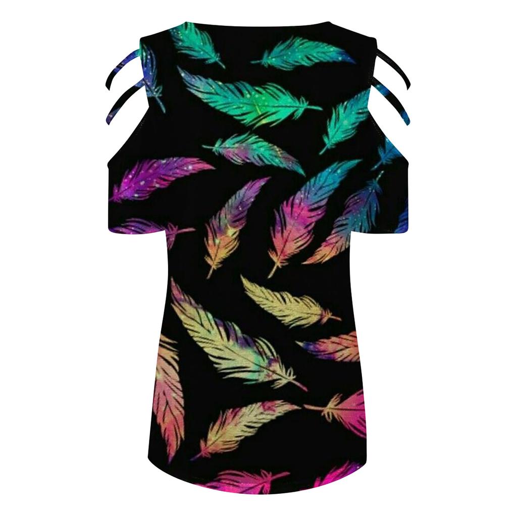 Women's Fashion Casual V-Neck Zipper Printed Off-Shoulder Short-Sleeved T-Shirt Top