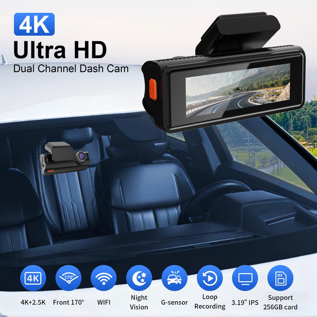 4K New Dash Cam, Dual Lens, WiFi, Car DVR, Front and Rear Recording, 4K+2.5K, Parking Monitor, G-Sensor, Loop Recording