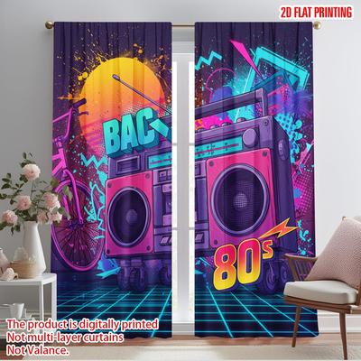 2 Stück 2D Flachdruck Party Fenster Vorhänge Retro Ghettoblaster Synthwave Vibes Polyester Ohne Strom Familienfeier für Draußen
