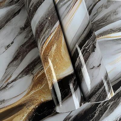 Papel de Parede Autoadesivo Mármore Preto e Dourado Shein, Adesivo de PVC para Decoração de Casa à Prova de Óleo, Parede de Fundo para Influenciadores.