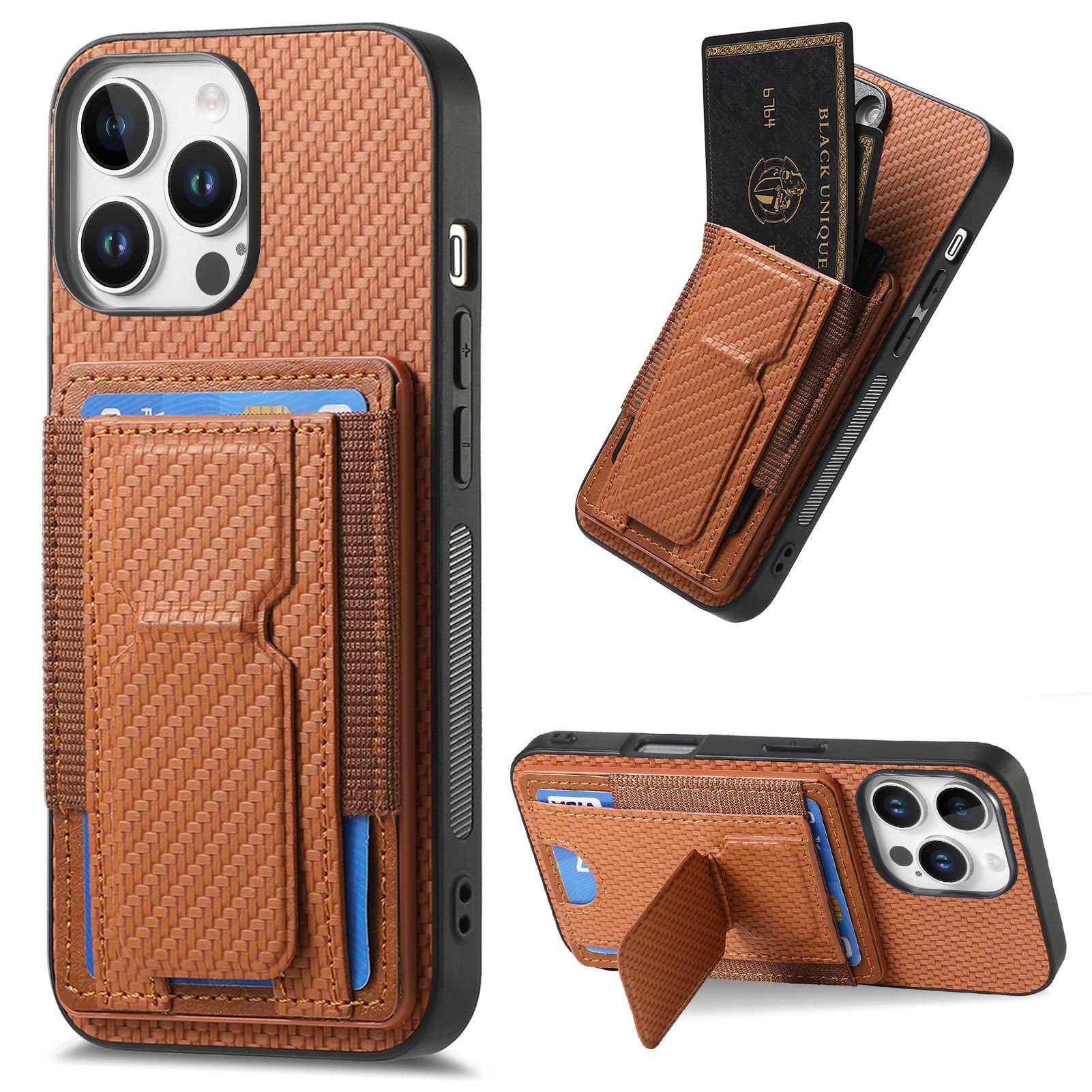 

For iPhone 16 Pro Case with Card Holder Kickstand Fiber Pattern Leather Back Cover Brown
