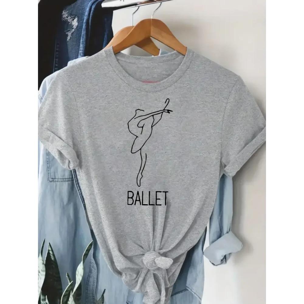 Women's Elegant Ballet Themed Graphic Tee Short Sleeve Crew Neck T-Shirt with Dancing Figure Design Ballet Dancer