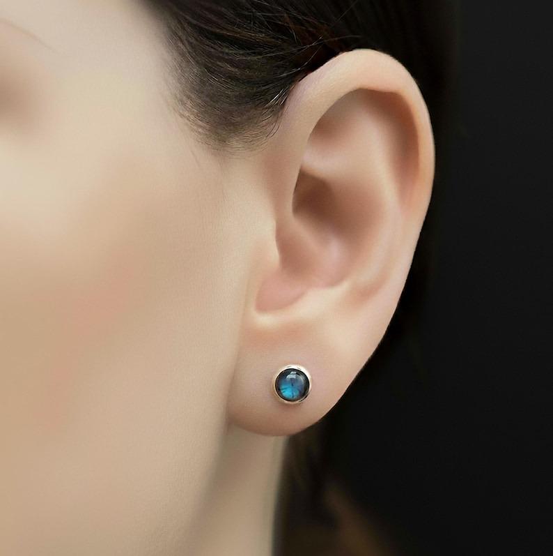 Solide 925er Sterlingsilber Runde Labradorit Edelstein Ohrstecker Geschenk für Sie Handgefertigter Schmuck