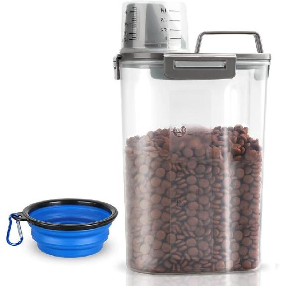 Upgraded Dog Food Storage Container Small, Cat Food Container Airtight, Pet Food Container Dispenser with Pour Spout, Measuring Cup and 4 Seal