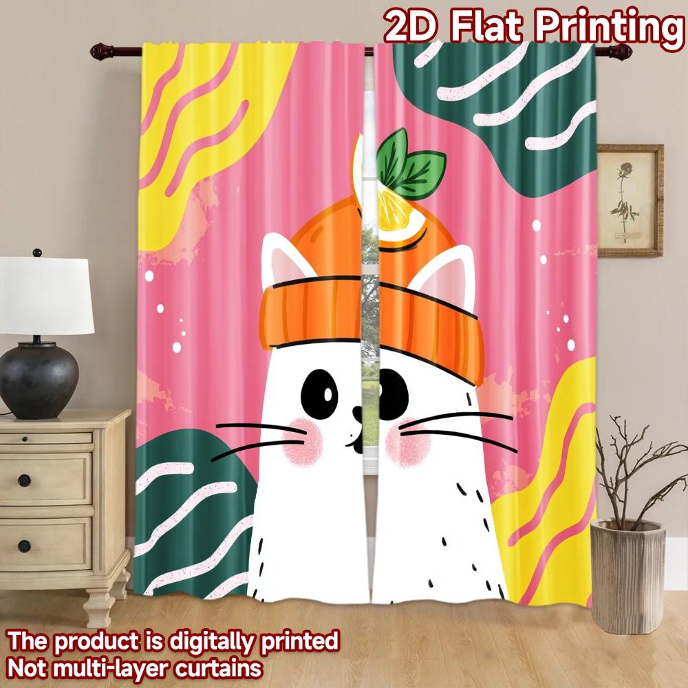 2D Flachdruck 2 Stück Fensterbehandlung Vorhänge Süße Katze Zitronenhut Digital Bedruckte Polyester Vorhänge Familienfeier Dekoration Verwendung