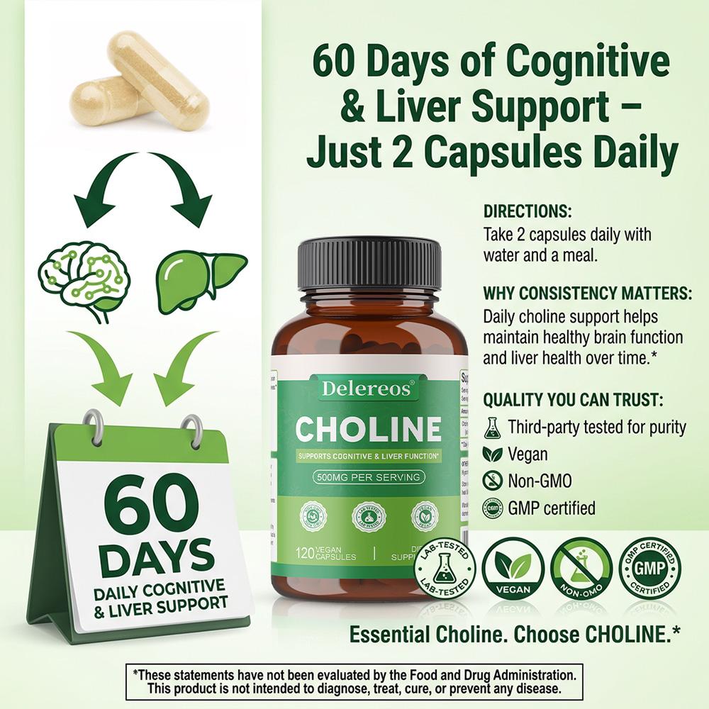 Choline (Comme L+Bitartrate de Choline) Complément alimentaire de 500 mg, 120 gélules par flacon