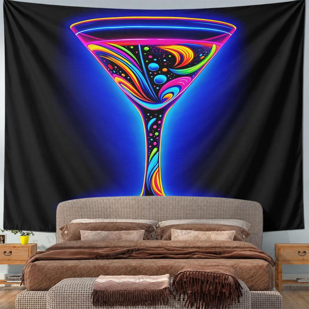 Neon Glow Martini Glass Art Pattern Wall Hanging Tapestry Decorative Tapestry Home Decor for Bedroom and Living Room