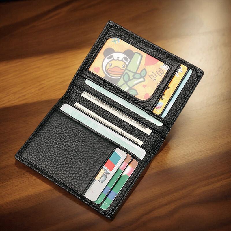 Transparent ID Window Credit Card Holder Durable Soft Multi Card Slots Top-grain Leather Bifold Thin Small Wallet Black Coffee
