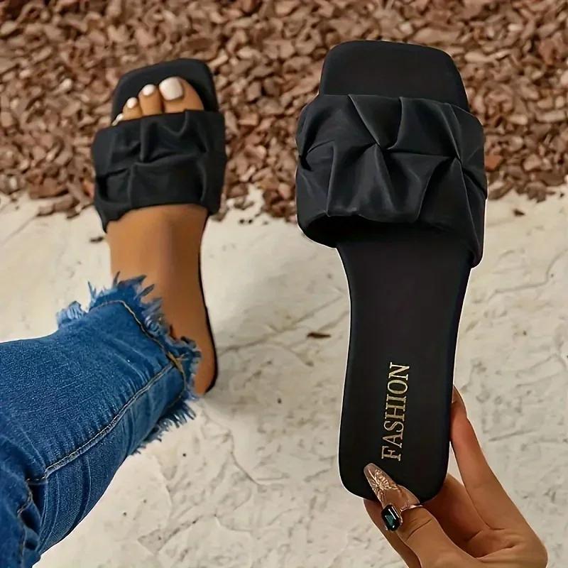 Fashion Casual Lightweight Slide Sandals - Women's Pleated Design Open Toe Flat Summer Shoes