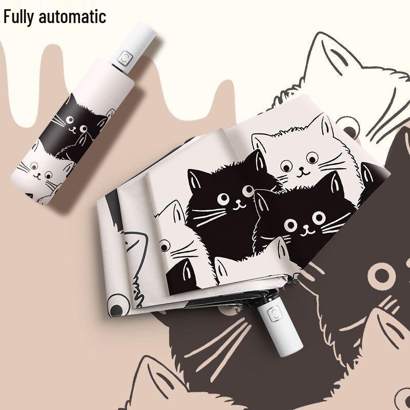 Large Automatic Three-Fold Umbrella: Kitten Design, Black Glue, for Sun and Rain