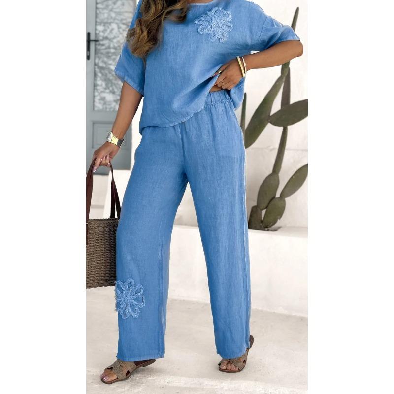 Damenmode Casual Sommer Frühling Blumenmuster Druck Kurzarm O-Ausschnitt Hosen Hosenanzüge