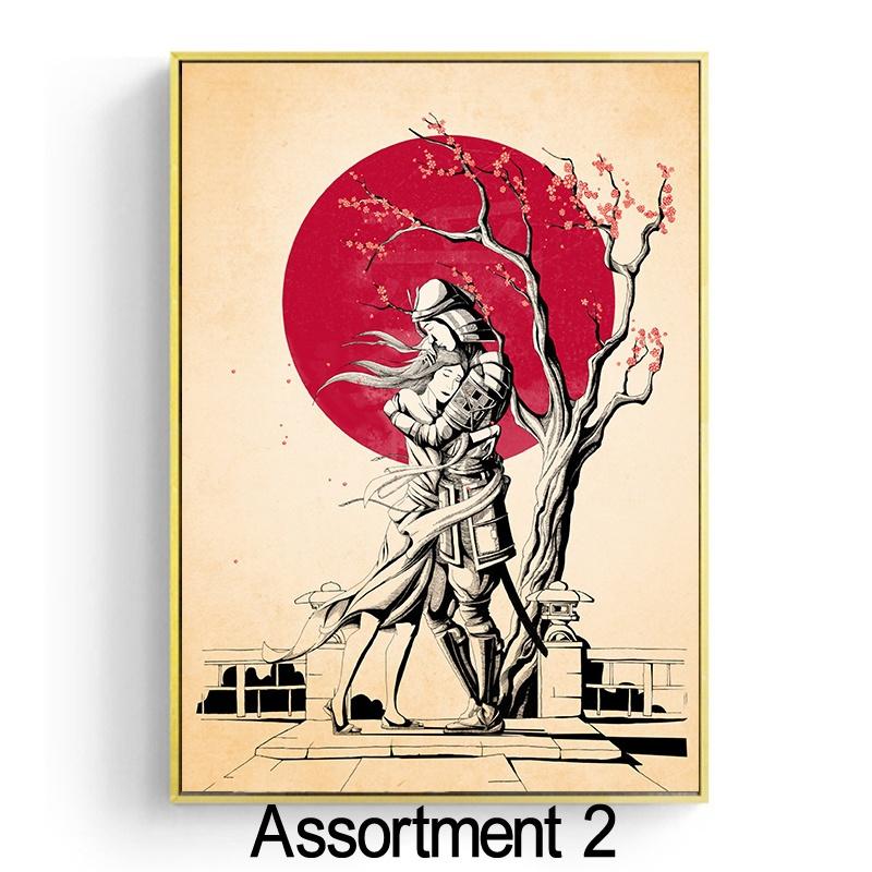 Japanese Ink Canvas Art Print Poster Samurai Couple Cherry Tree Wall Art Paintings for Living Room Decoration Home Decor