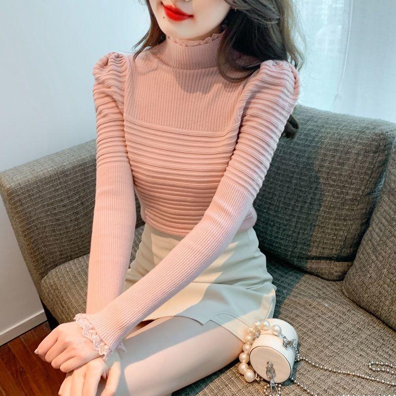 

Кружевной верх с длинным рукавом, трикотаж, женский осенне-зимний свитер, внутренний топ, базовый слой для женщин 2XL розовый