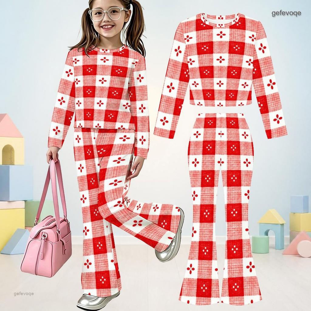 Girls Geometric Printed Round Neck Long Sleeve Crop Top And Flared Pants Two Piece Set