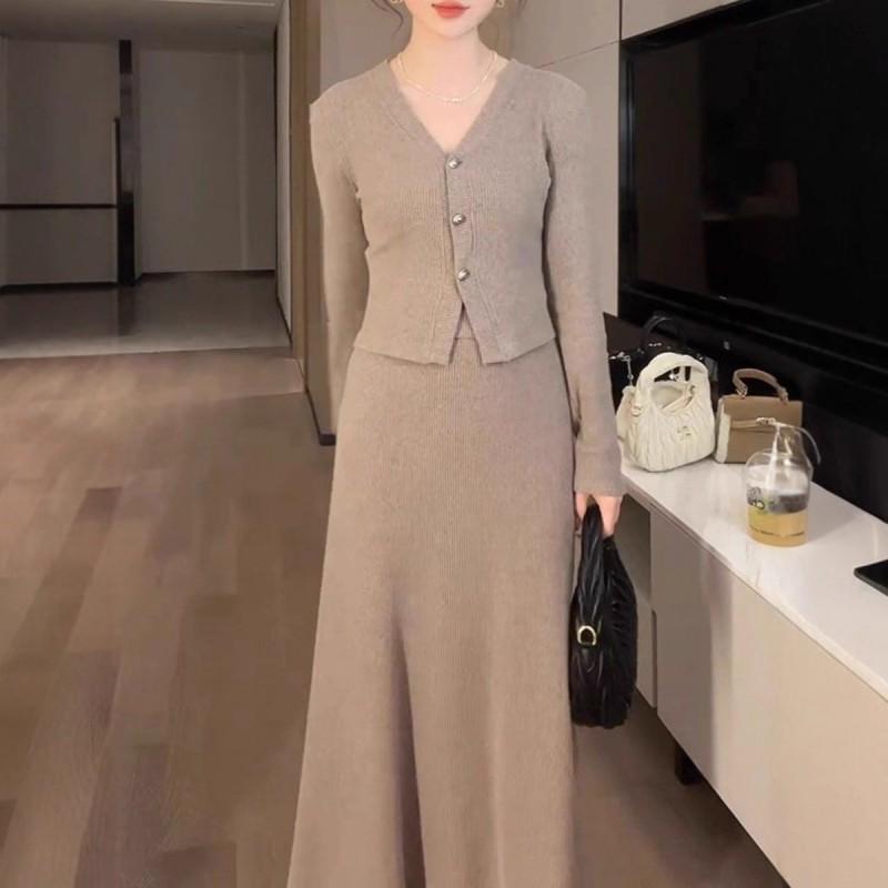 Womens Lazy Chic Knit Set Long Sleeve V-Neck Top Midi Skirt Solid Color Casual Outfit Winter