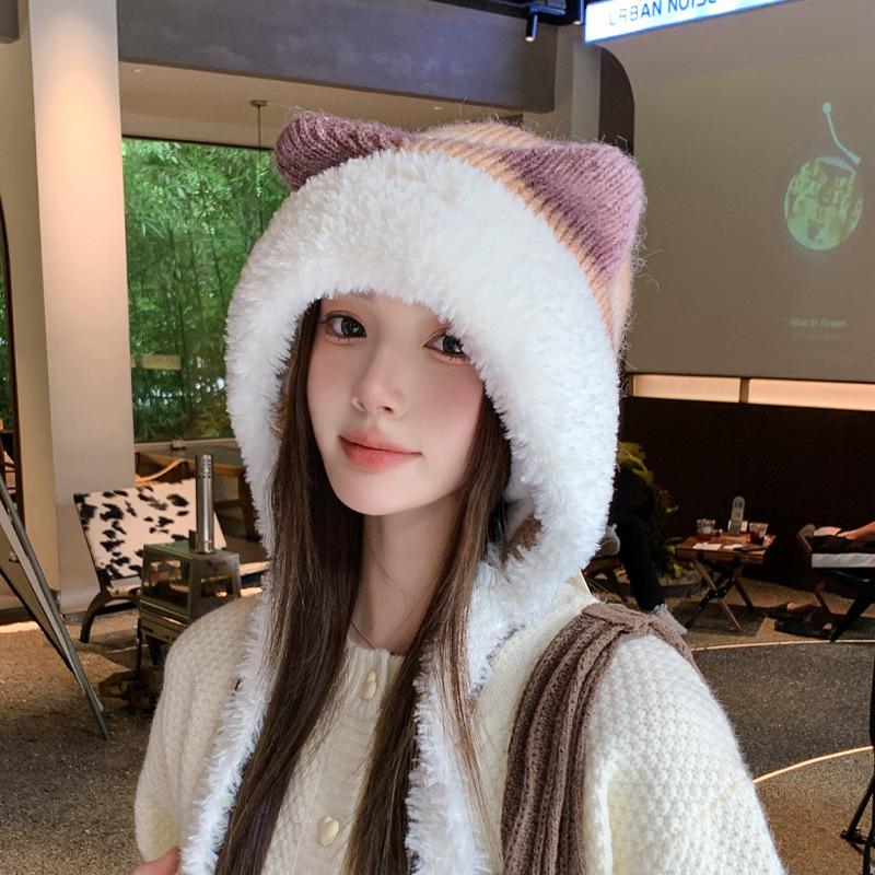 Autumn and Winter Cute Plush Cat Ears Hat Knitted Head Cap Female Students Thickened Warm Lacing Ear Protection Cap