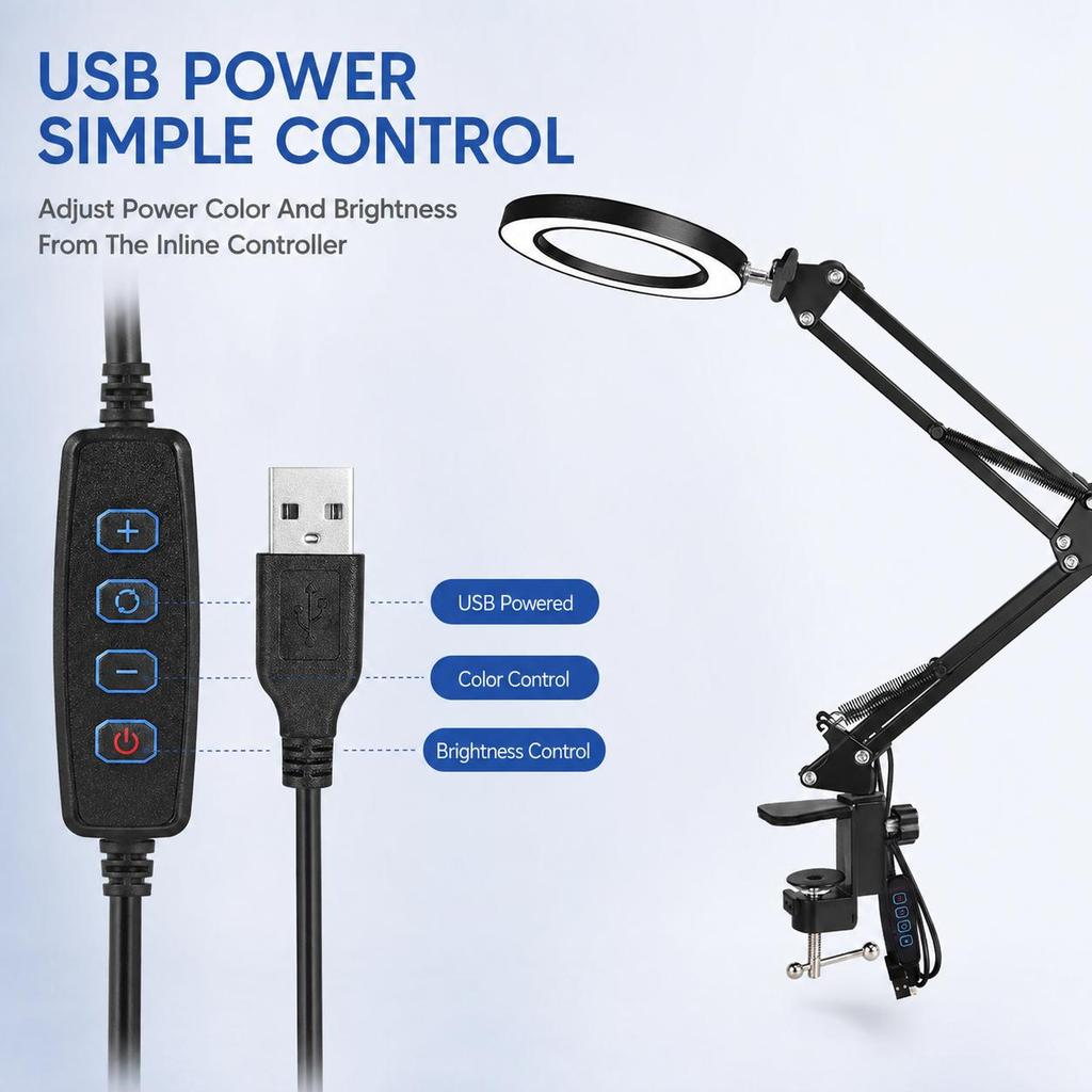 10X Magnifying Desk Lamp Metal USB Clamp Light for Crafts