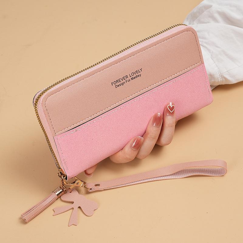 1pc Korean-Style Women'S Wallet with Tassel Wristlet Faux Leather, Zipper Closure, Key Compartment, Mobile Phone & Card Holder