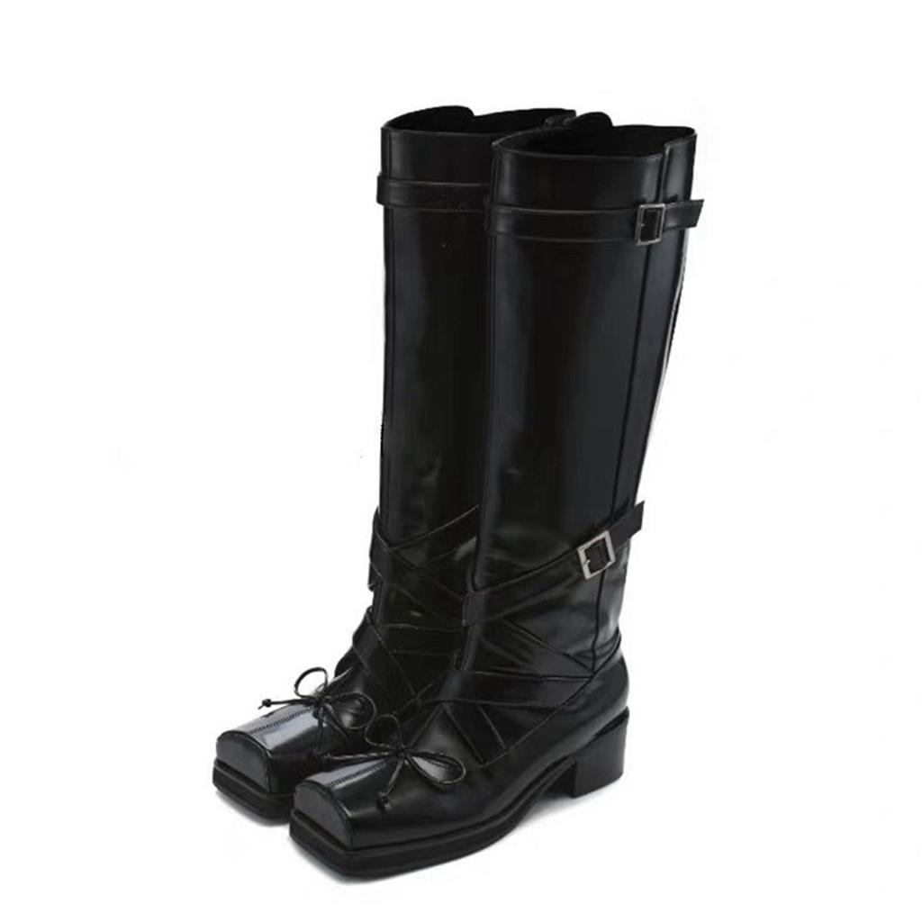 Cowhide version~ New ballet square head boots women's thick heel brown high knight boots but knee fashion boots