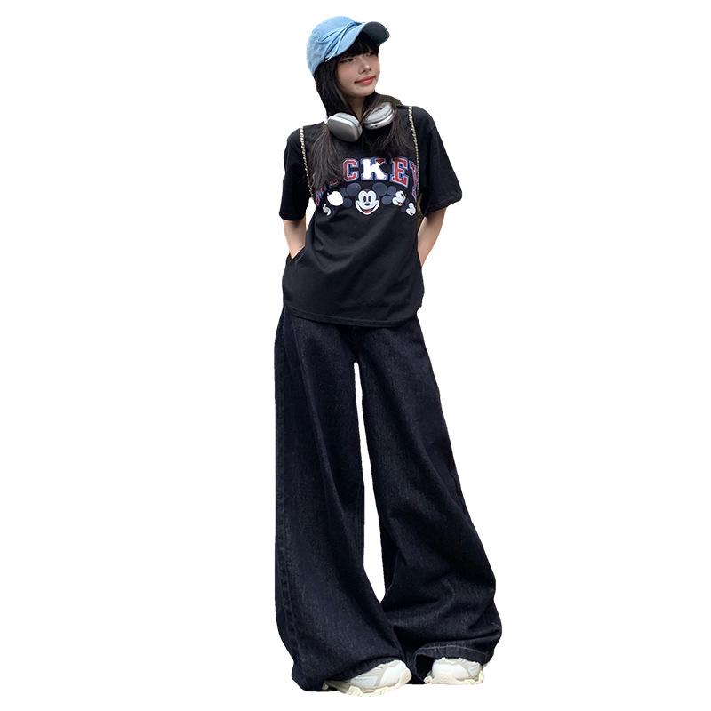 Women's Dark Blue High-Waisted Wide-Leg Jeans - 2025 Spring/Autumn Straight Loose Floor-Length Pants