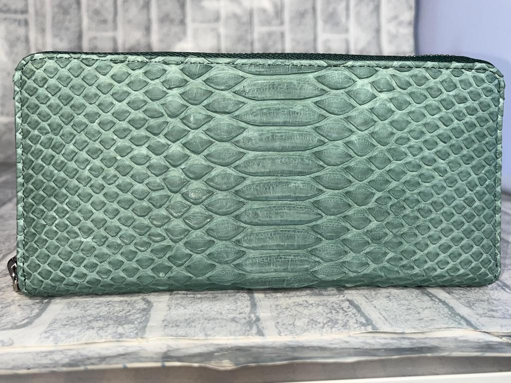GUODI Genuine Python Leather Matte Finish Long Wallet with Zip-Around Design and Card Case, TK-AB20LW3 (Cyprus Green), Unisex Snakeskin WalletPurse