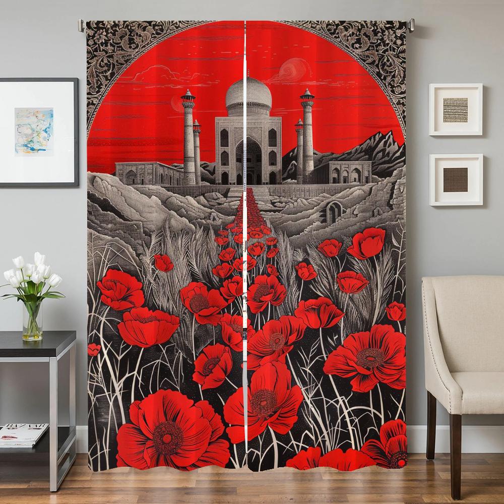 Kitchen Curtains for Living Room 2 Pieces Blackout Curtains Door Curtain Ancient Architecture Partition Bedroom Decoration Shade