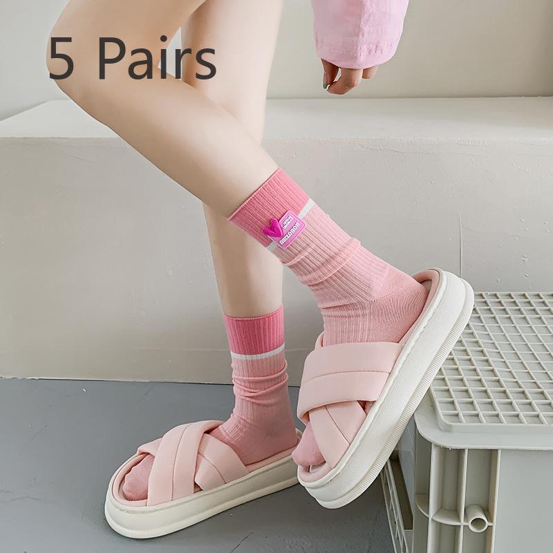 5 Pairs of New Female Spring and Summer Sweat Absorbing Color Collage Style Long Tube Stack Socks