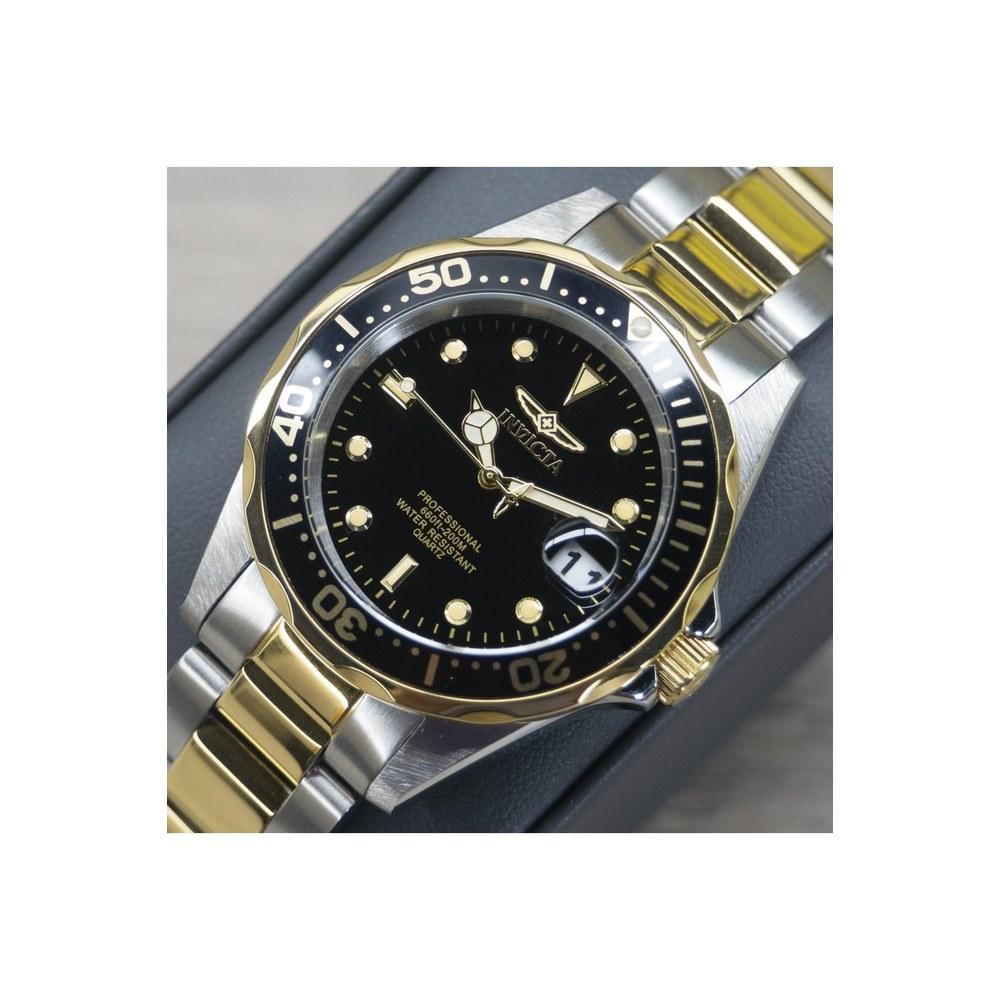 Invicta Pro Diver Quartz Watch 37.5mm Steel Gold Stainless Steel Strap Black Dial Men