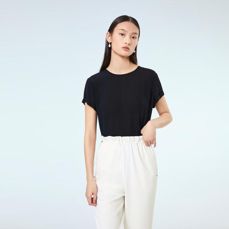 OVVOVV Women s 22MM Silk Georgette Round Neck Short Sleeve Top S