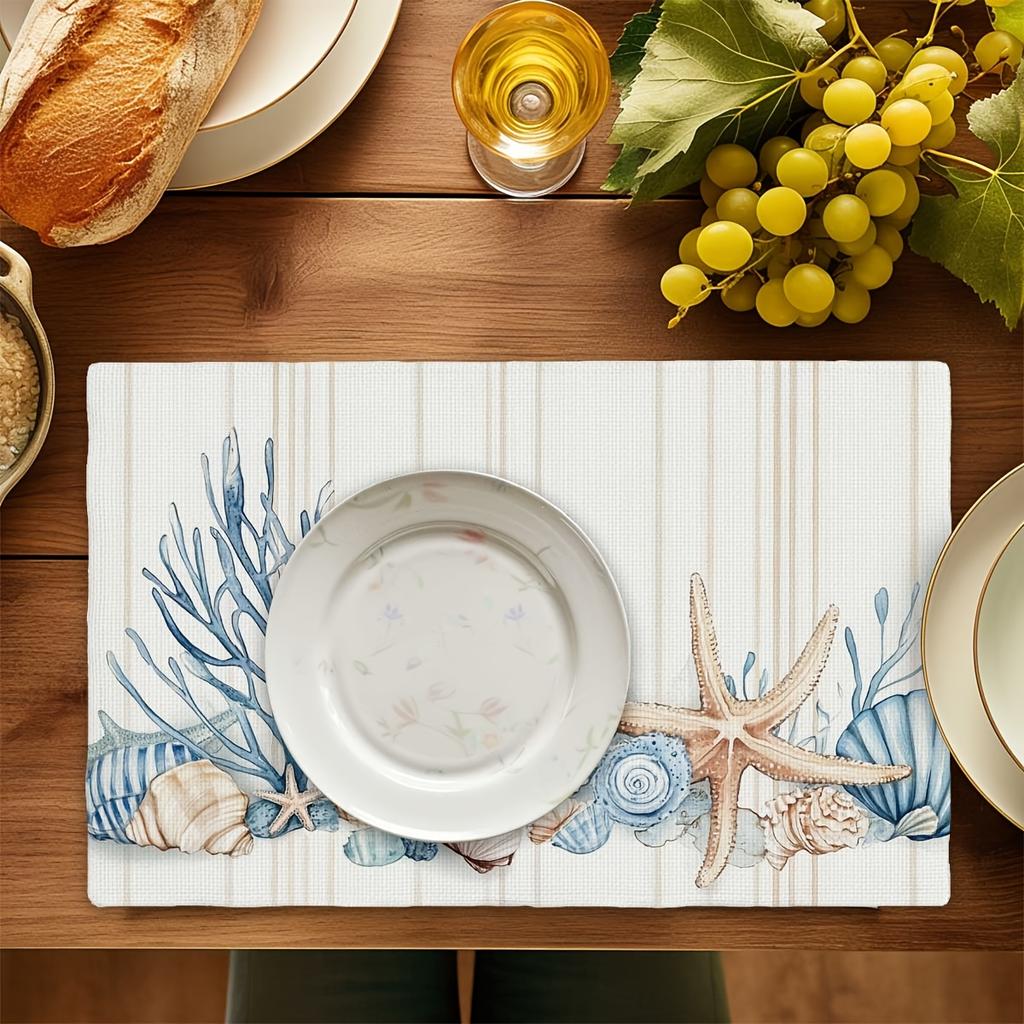 Set di tovagliette con conchiglie e stelle marine, tema costiero, in lino, per decorazione tavolo da pranzo