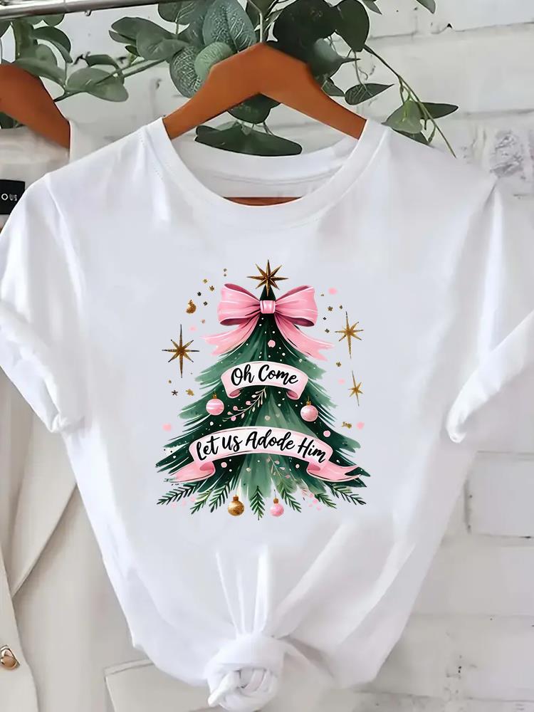 (Asian Size) Short Sleeve T-shirts  Print merry Christmas o-neck festival lovely Women's Top new year T Clothing Fashion holiday Graphic Tee