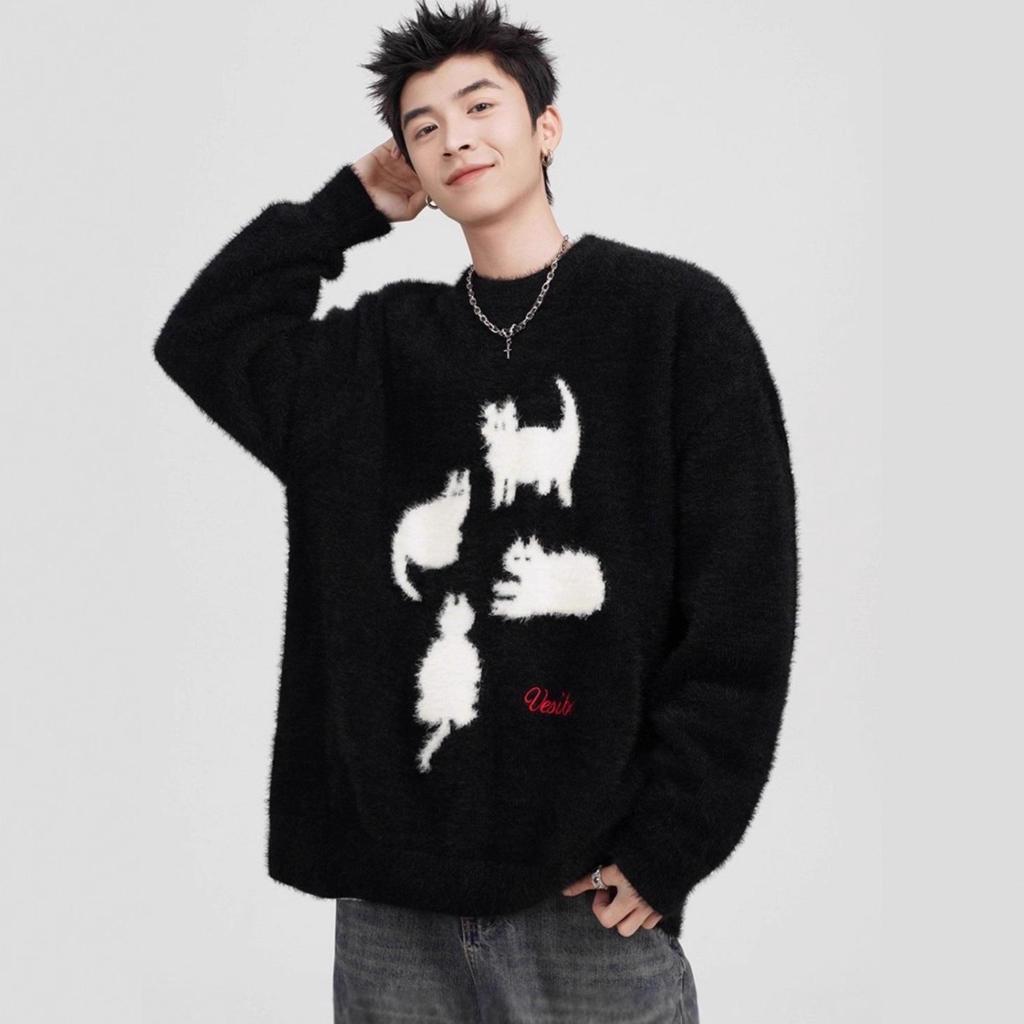 Men's Cartoon Cat Mohair Winter Sweater: American Style Loose Casual Round Neck Knitwear Cardigan