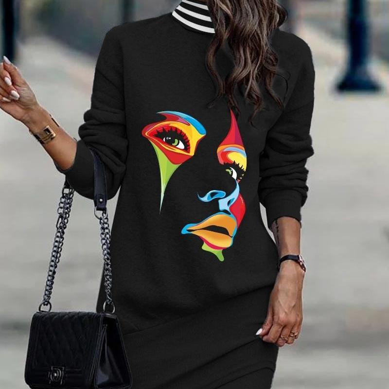 

GMXIA женская мода осень-зима с принтом и длинным рукавом с v-образным вырезом, полуводолазка, повседневные платья с необычной формой 3XL