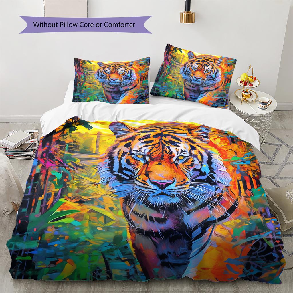 Tiger Fox Art Pattern Bedding Quilt Set Quilt Cover Pillowcase Home Decoration Gift (1 * Duvet Cover + 2 * Pillowcase, Without Core)
