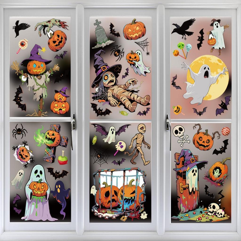 9 Sheets Halloween Window Stickers, Double Side Window Clings Decals for Party Decoration, Indoor & Outdoor Home Decor, Halloween Decorations,