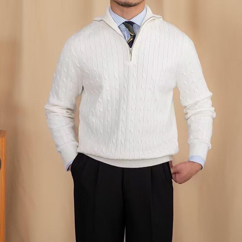 Men's Trendy Casual Slim Fit Cable Knit Half-Zip Sweater with Stand Collar for Autumn and Winter