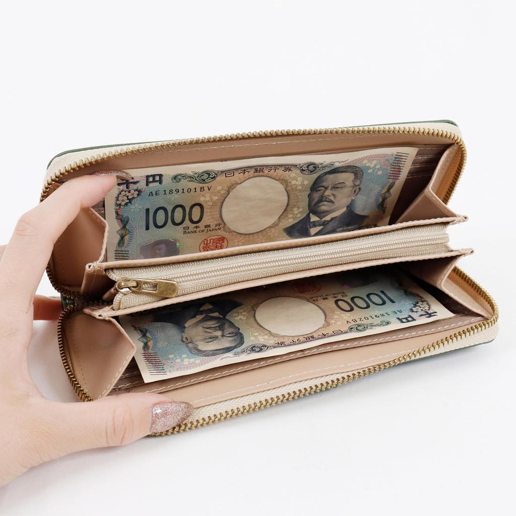 Long Round Front Cute Belt Character Embossed [Shanfy] Women's Wallet, Zipper, Pocket, Cat/Wreath Pattern, Design, (Brown)