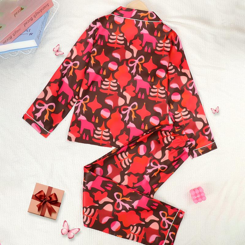 Women's Autumn/Winter Christmas Print Pajama Set - Turn-Down Collar, Long Sleeve, Long Pants, Cardigan Style