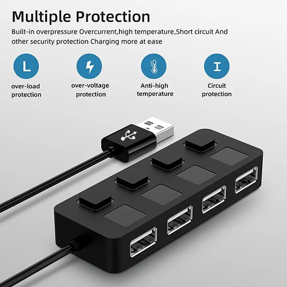 4 Ports USB 2.0 Hub On/Off Switch Splitter Expander Independent 480Mbps Fast Transmission Data Charge Adapter PC Computer