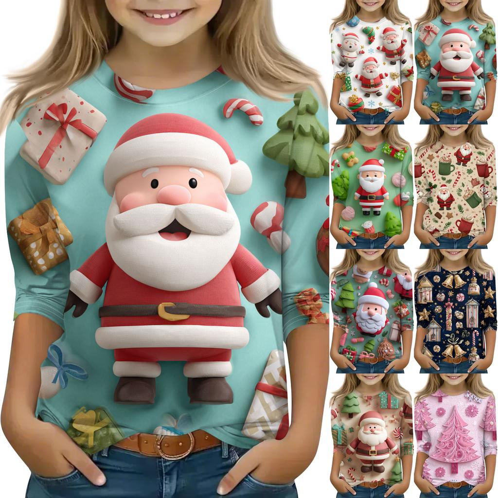 Children's 3/4 Sleeve Round Neck Top Christmas Tree Printed Everyday Casual Top