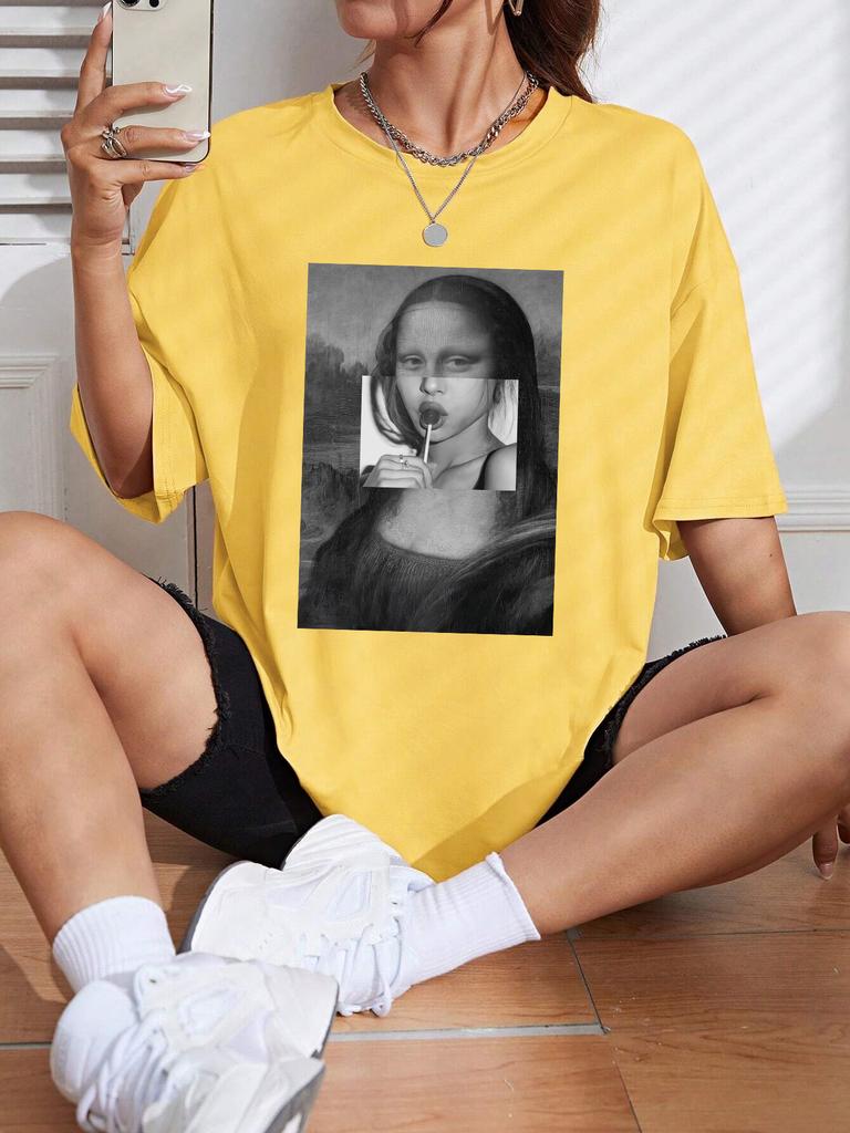 Mona Lisa Drinking Beverages Womens Tshirt Summer Breathable Casual T Shirt Loose Soft Tops Hip Hop Oversize Fashion Clothes