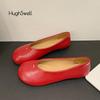 Fashion Red Round Toe Leather Ballet Shoes Woman Brand Design Soft Shallow Loafers Ladies Retro Slip-on Flat Zapatos with Stitch Details