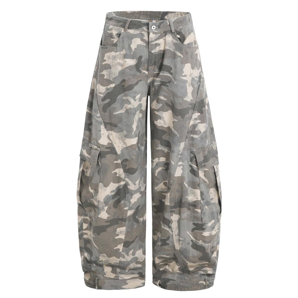 Herren Tarnung Cargohosen Gebogen Weiter Bein Lockerer Schnitt Mehrere Taschen Streetwear Hosen