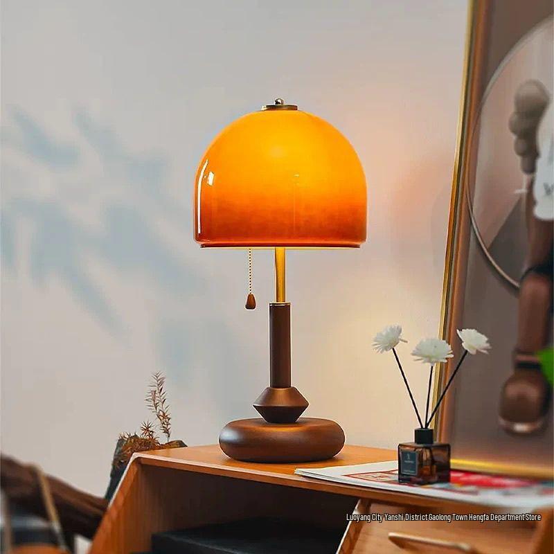 Mid-Century American Walnut Glass Table Lamp - Retro Decorative Bedroom & Study Light